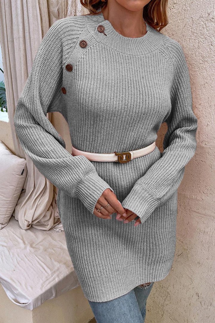 Round Neck Button Detail Ribbed Sweater - Stuffed Cart