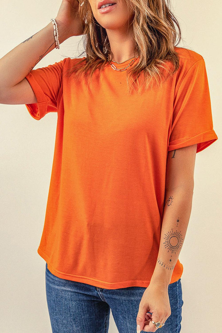 Round Neck Cuffed Short Sleeve Tee - Stuffed Cart