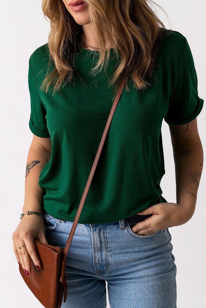 Round Neck Cuffed Short Sleeve Tee - Stuffed Cart