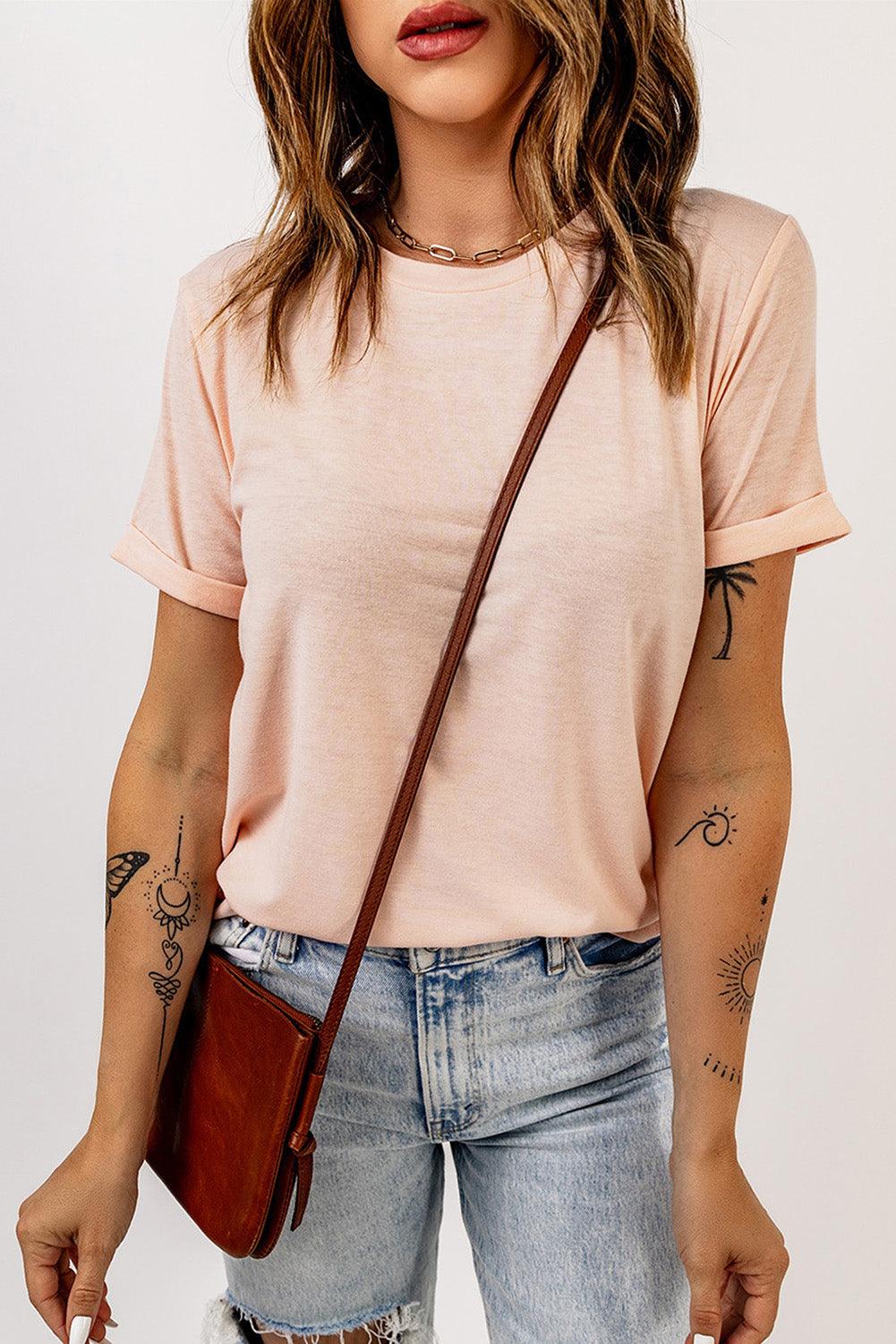 Round Neck Cuffed Short Sleeve Tee - Stuffed Cart