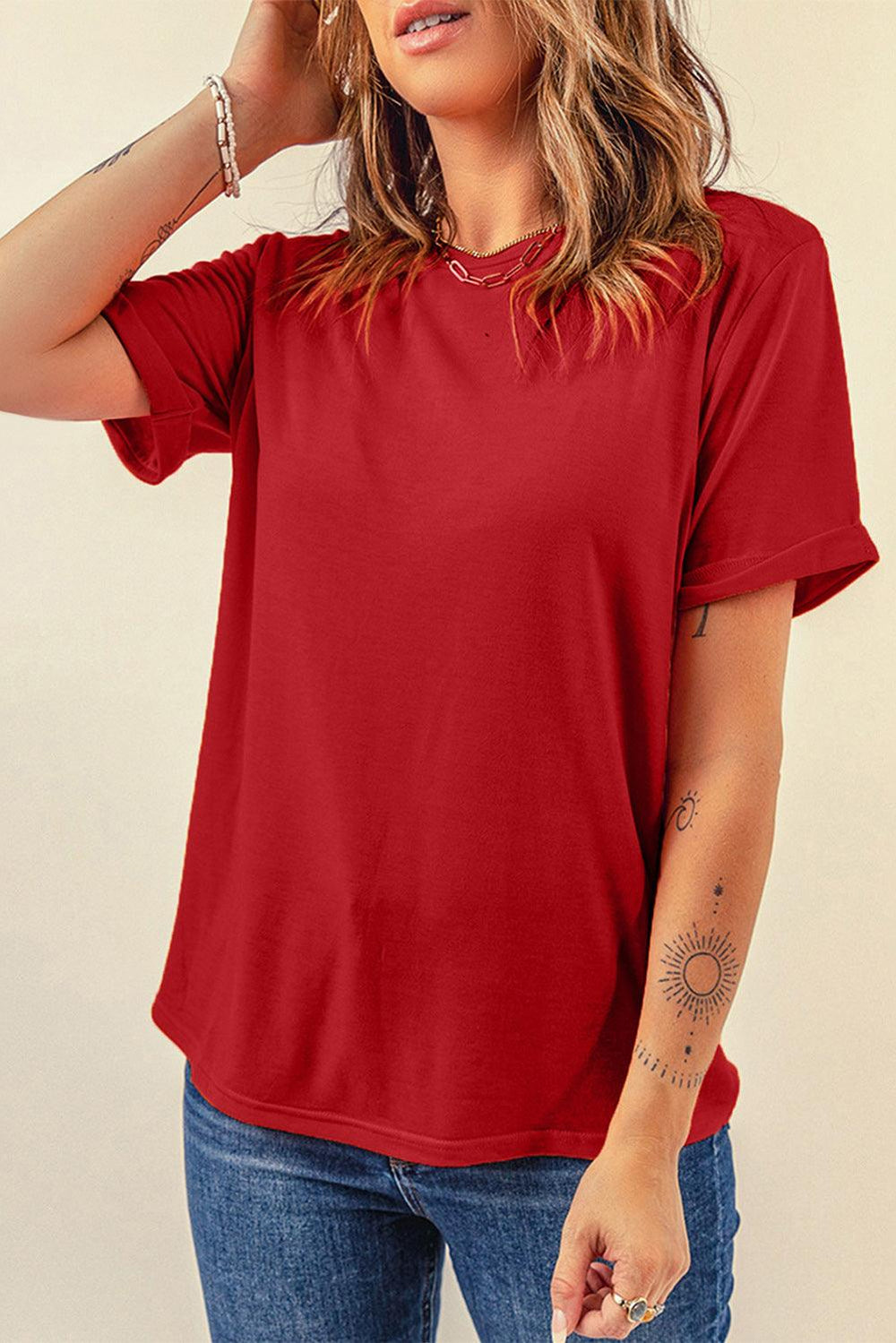 Round Neck Cuffed Short Sleeve Tee - Stuffed Cart