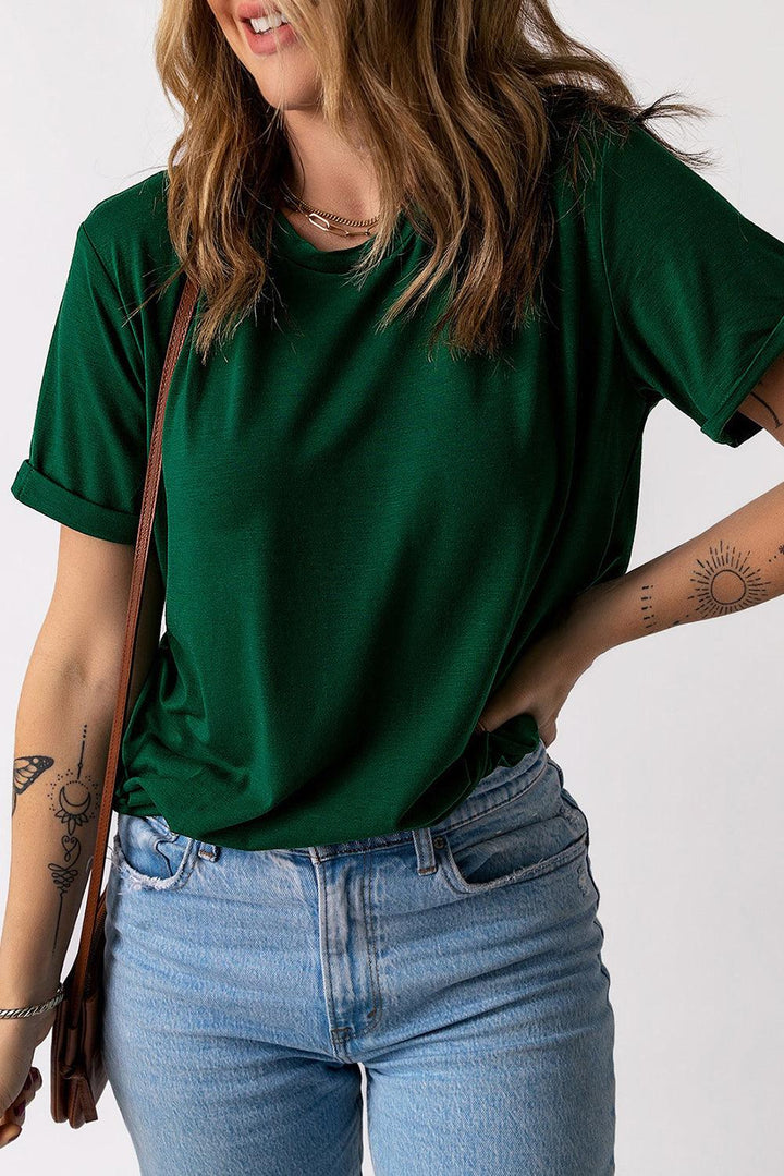 Round Neck Cuffed Short Sleeve Tee - Stuffed Cart