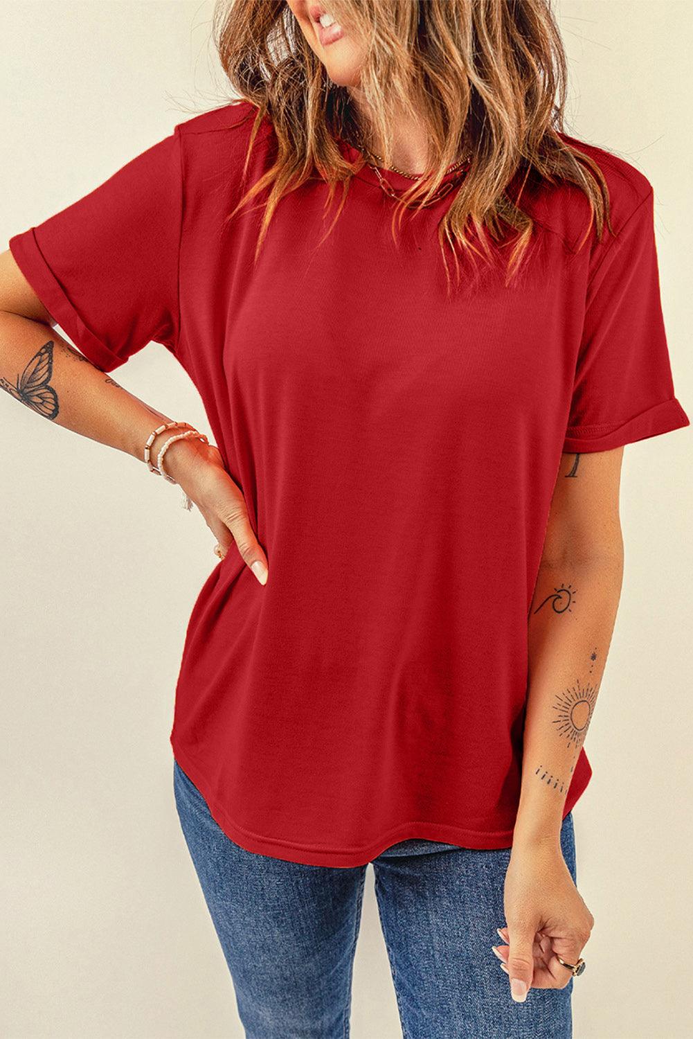 Round Neck Cuffed Short Sleeve Tee - Stuffed Cart