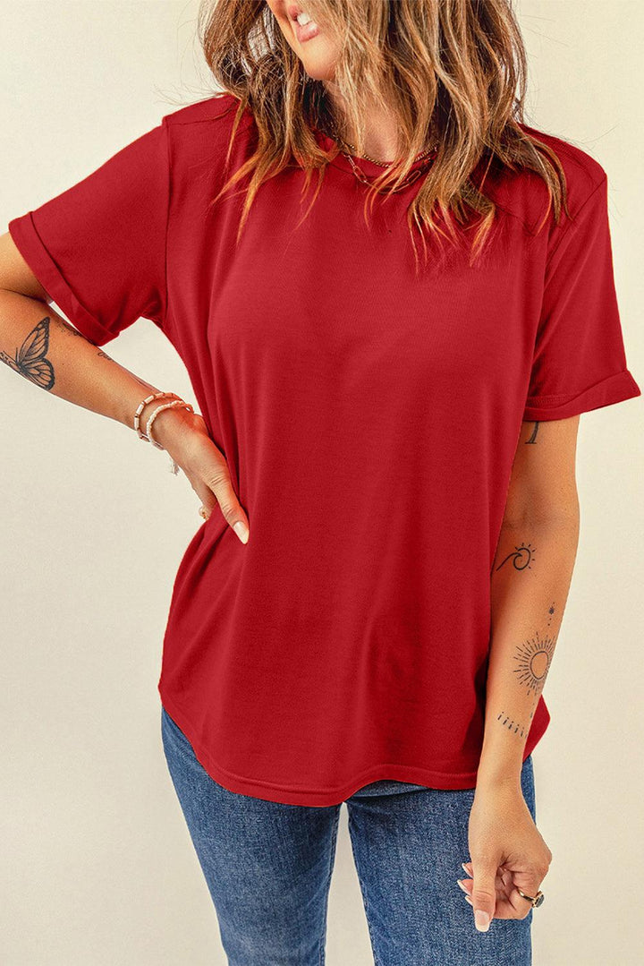 Round Neck Cuffed Short Sleeve Tee - Stuffed Cart