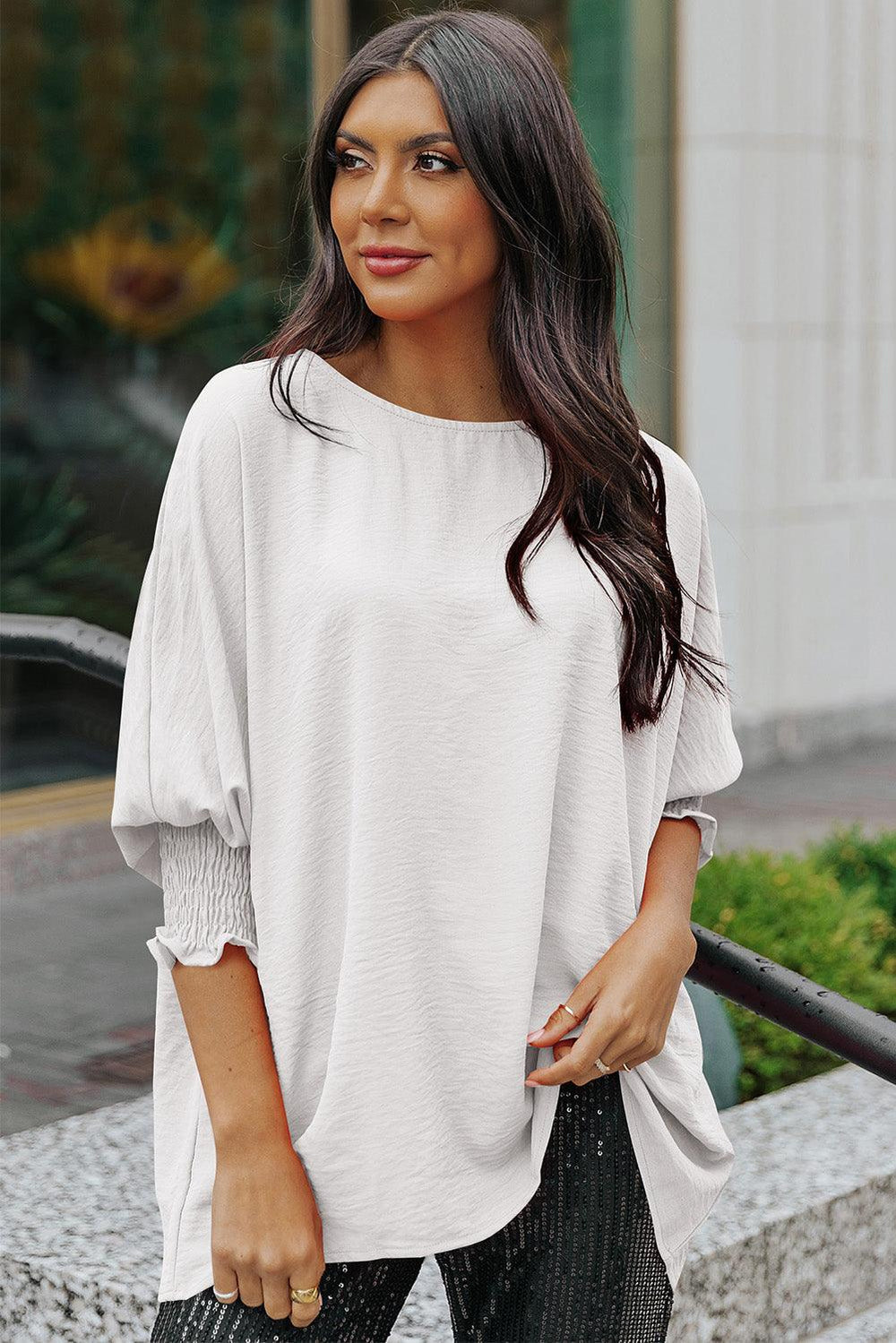 Round Neck Dolman Sleeve Textured Blouse - Stuffed Cart