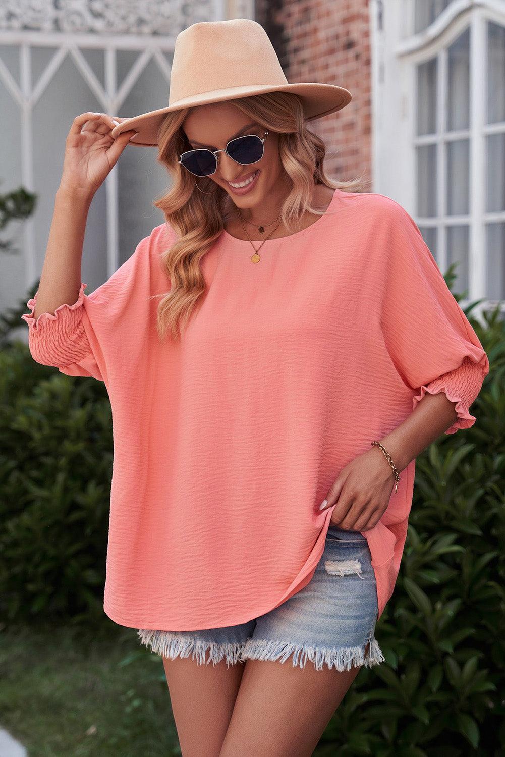 Round Neck Dolman Sleeve Textured Blouse - Stuffed Cart