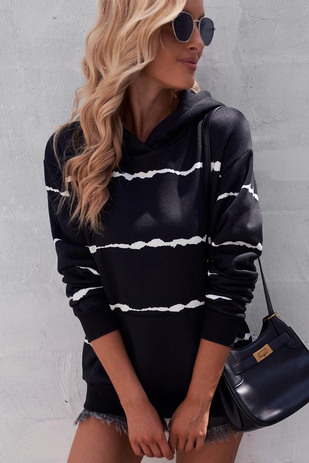 Striped Drop Shoulder Hoodie with Kangaroo Pocket - Stuffed Cart