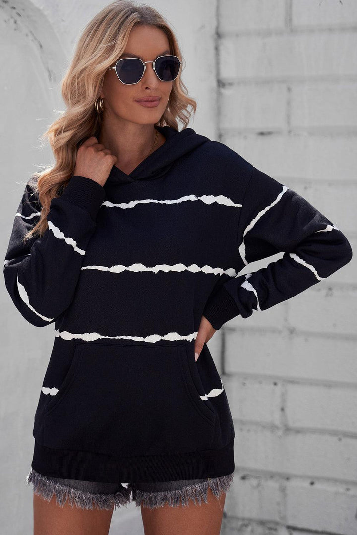 Striped Drop Shoulder Hoodie with Kangaroo Pocket - Stuffed Cart