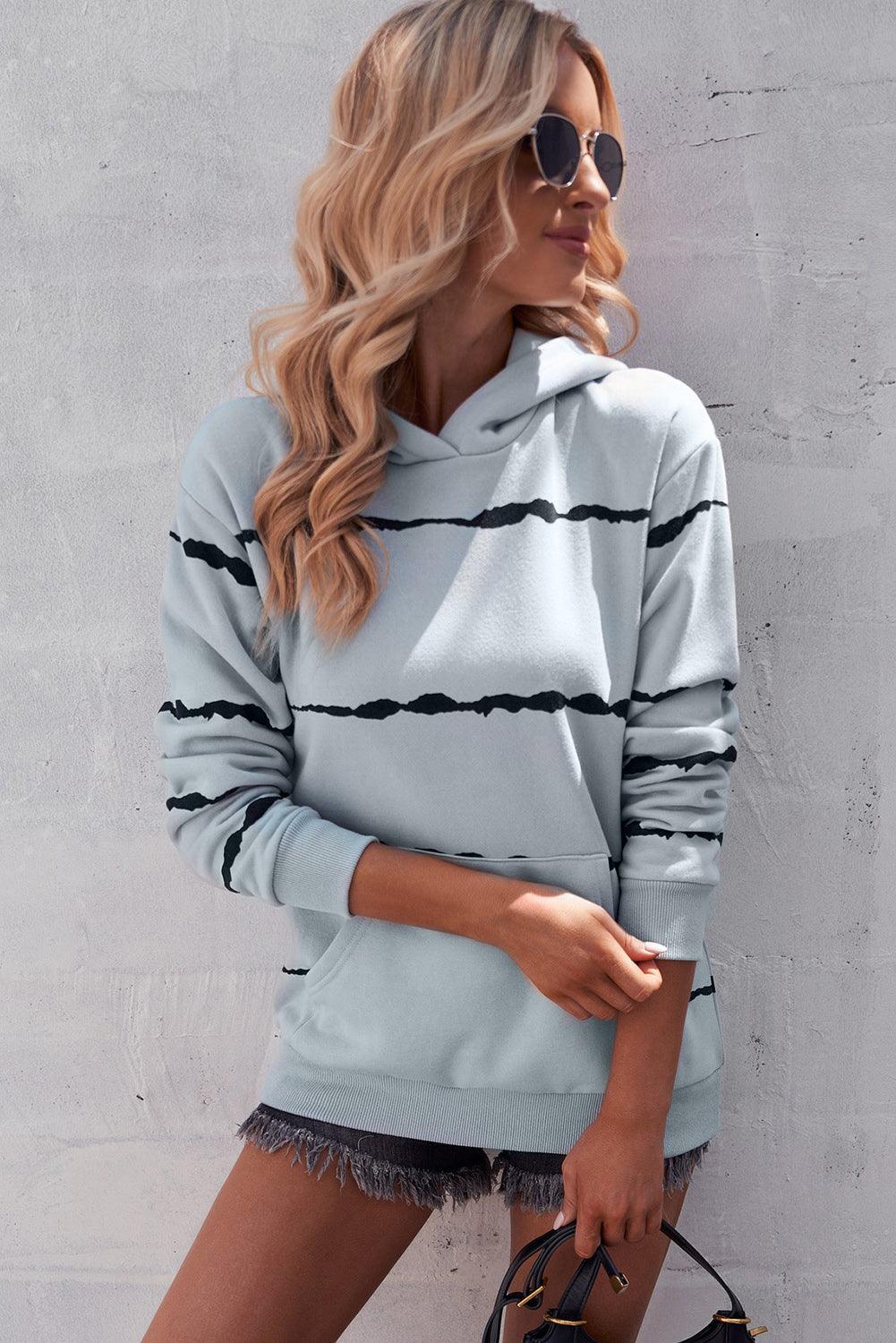 Striped Drop Shoulder Hoodie with Kangaroo Pocket - Stuffed Cart