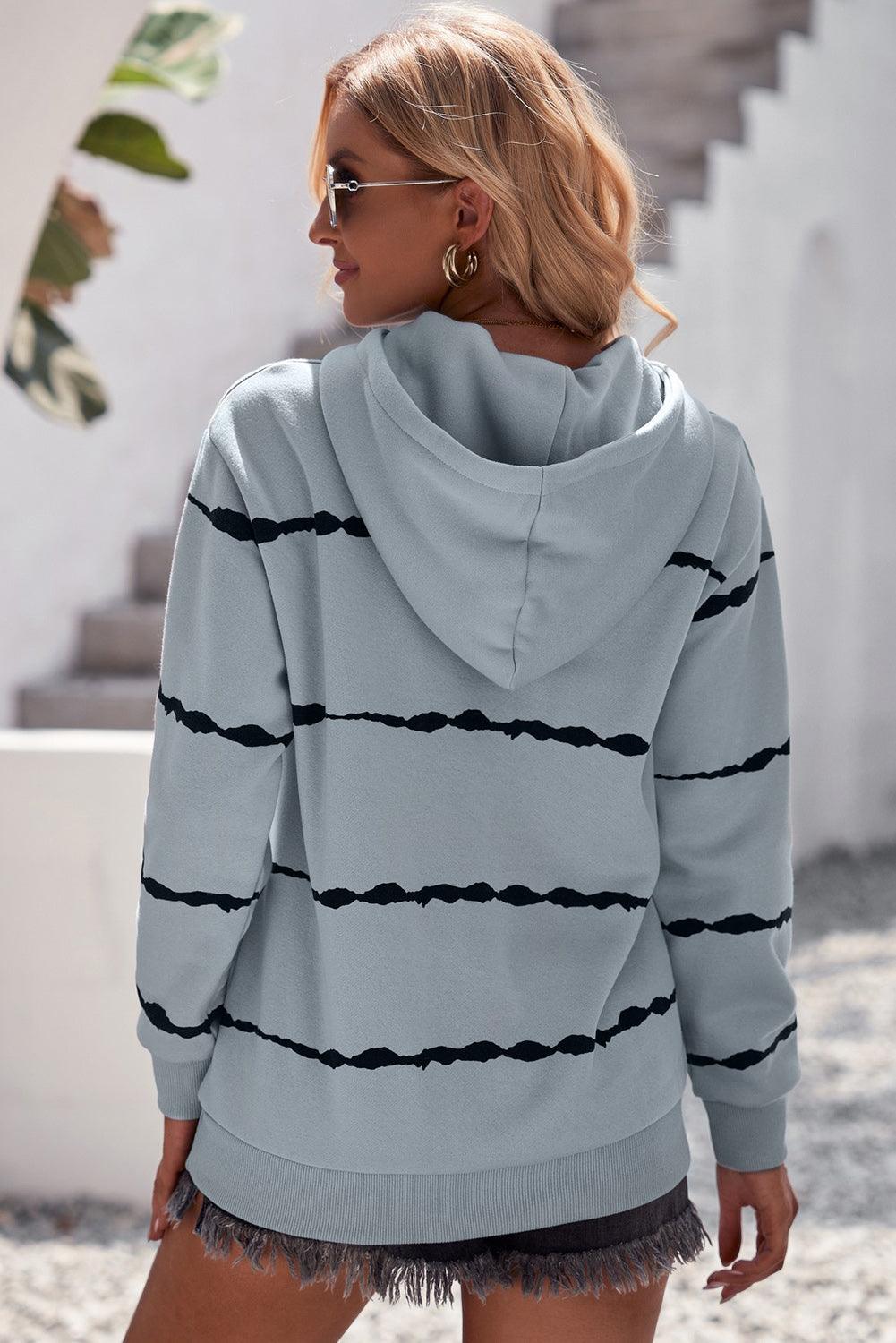 Striped Drop Shoulder Hoodie with Kangaroo Pocket - Stuffed Cart