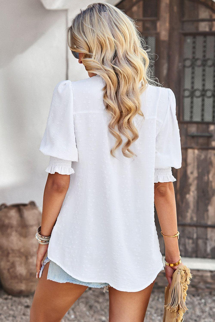 Textured Notched Neck Puff Sleeve Blouse - Stuffed Cart