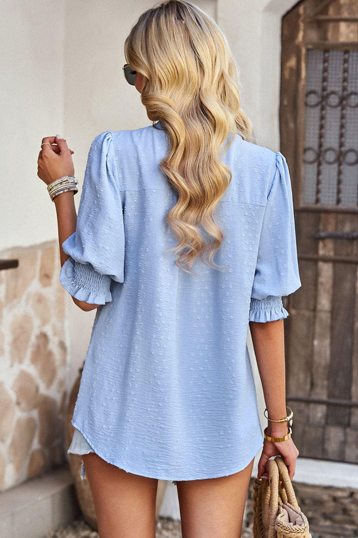 Textured Notched Neck Puff Sleeve Blouse - Stuffed Cart