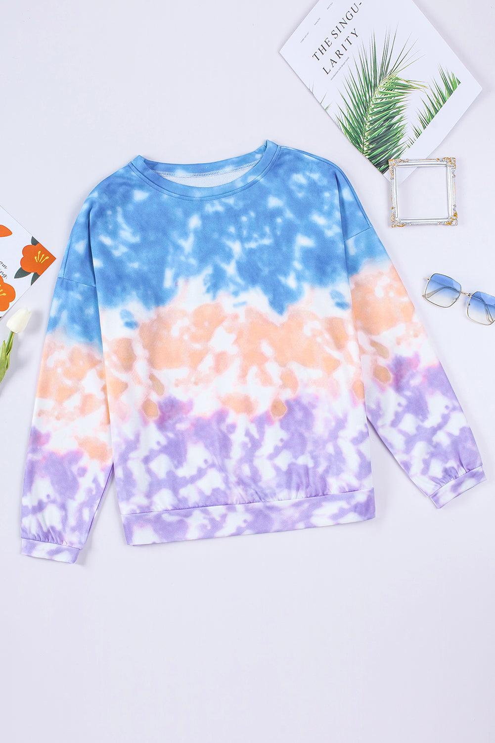 Tie-Dye Drop Shoulder Round Neck Sweatshirt - Stuffed Cart