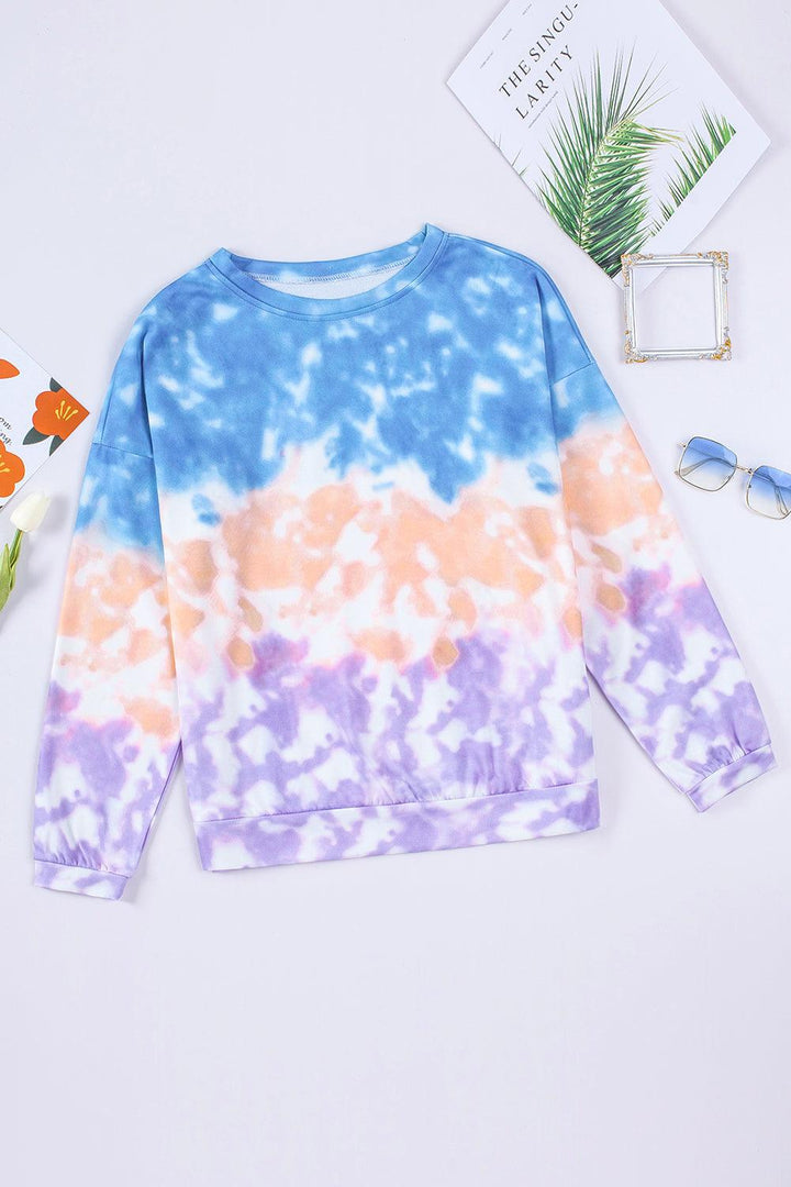 Tie-Dye Drop Shoulder Round Neck Sweatshirt - Stuffed Cart