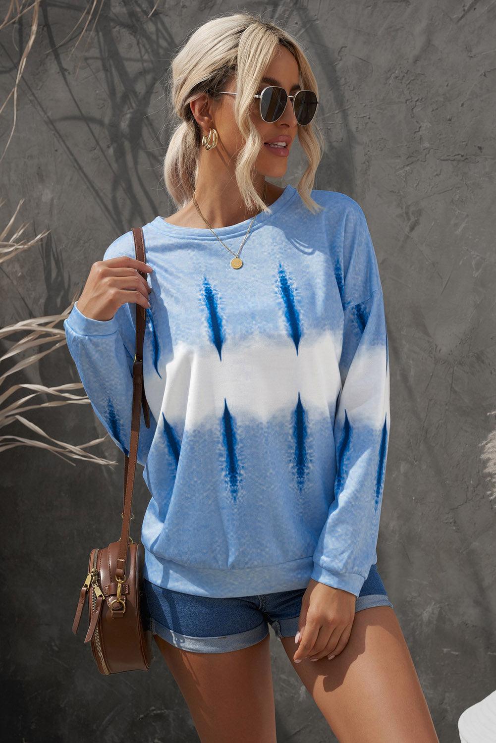 Tie-Dye Drop Shoulder Round Neck Sweatshirt - Stuffed Cart