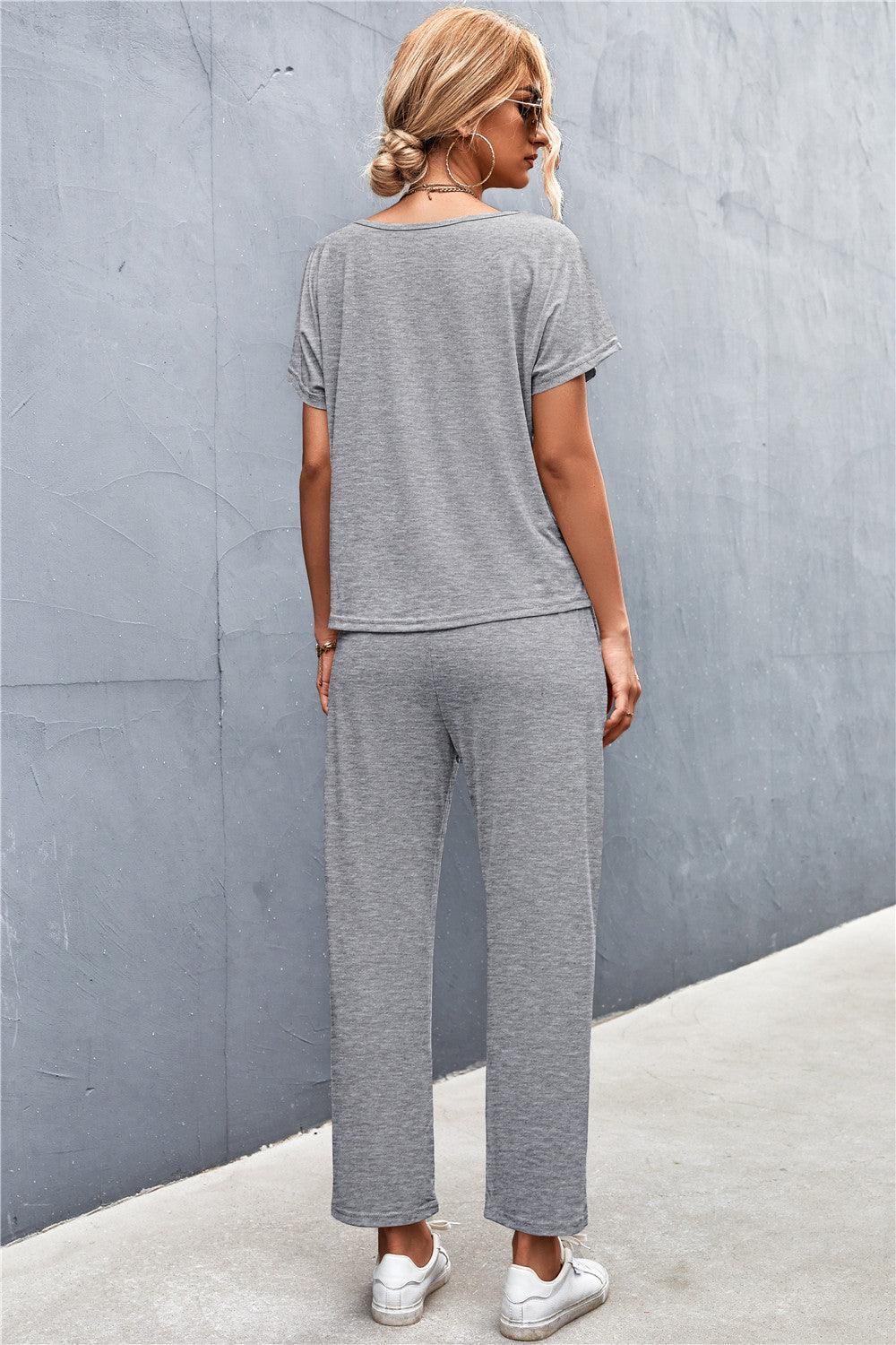 V-Neck Short Sleeve T-Shirt and Drawstring Waist Pants Set - Stuffed Cart