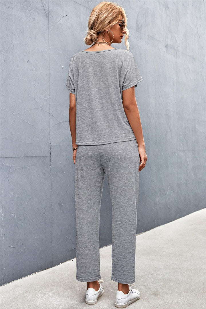V-Neck Short Sleeve T-Shirt and Drawstring Waist Pants Set - Stuffed Cart