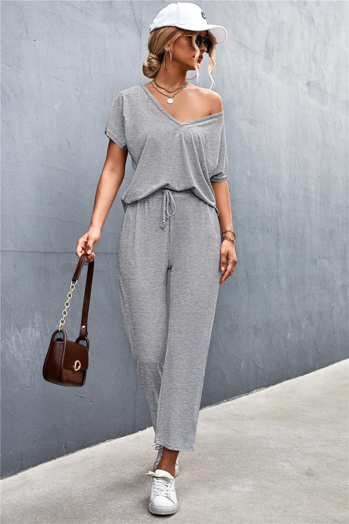 V-Neck Short Sleeve T-Shirt and Drawstring Waist Pants Set - Stuffed Cart