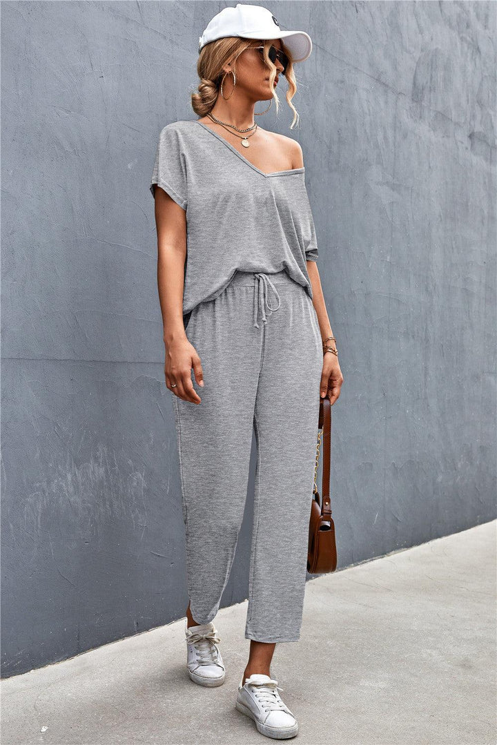 V-Neck Short Sleeve T-Shirt and Drawstring Waist Pants Set - Stuffed Cart