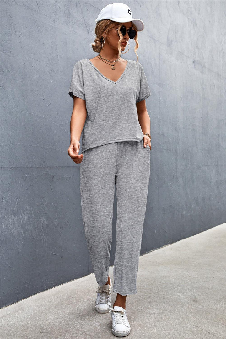 V-Neck Short Sleeve T-Shirt and Drawstring Waist Pants Set - Stuffed Cart