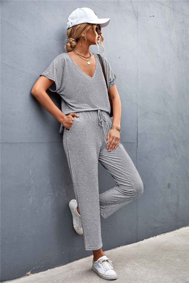 V-Neck Short Sleeve T-Shirt and Drawstring Waist Pants Set - Stuffed Cart