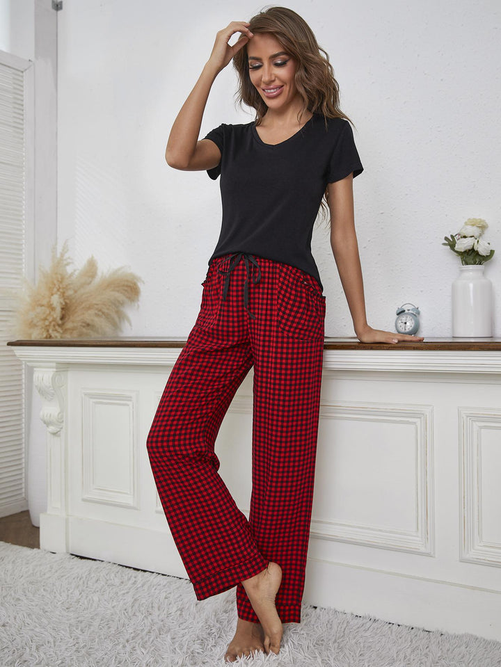 V-Neck Top and Gingham Pants Lounge Set - Stuffed Cart