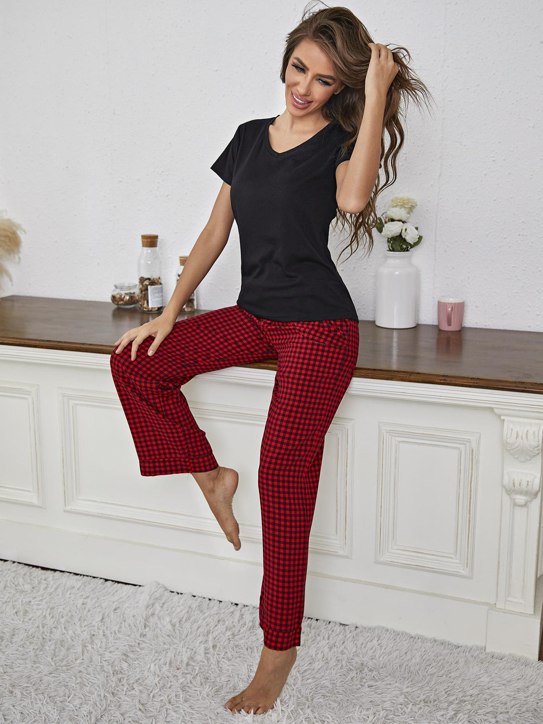 V-Neck Top and Gingham Pants Lounge Set - Stuffed Cart