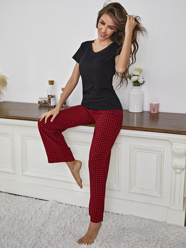 V-Neck Top and Gingham Pants Lounge Set - Stuffed Cart