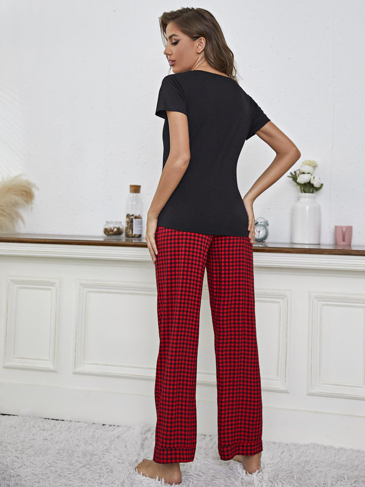V-Neck Top and Gingham Pants Lounge Set - Stuffed Cart
