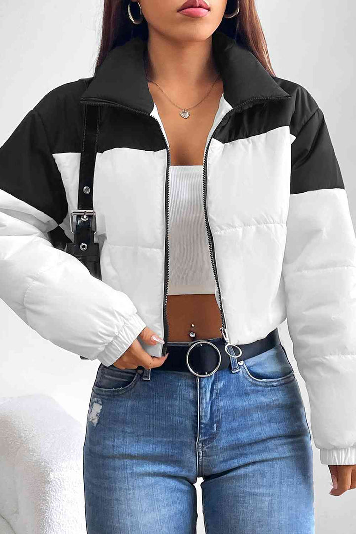 Collared Neck Color Block Puffer Jacket