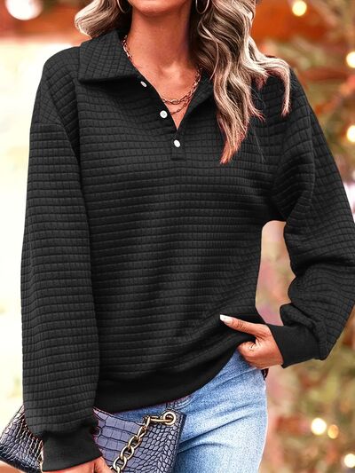 Waffle-Knit Collared Neck Long Sleeve Sweatshirt