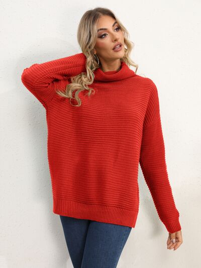 Slit Turtleneck Dropped Shoulder Sweater