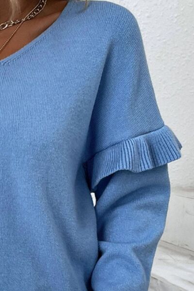 V-Neck Ruffle Trim Long Sleeve Sweater
