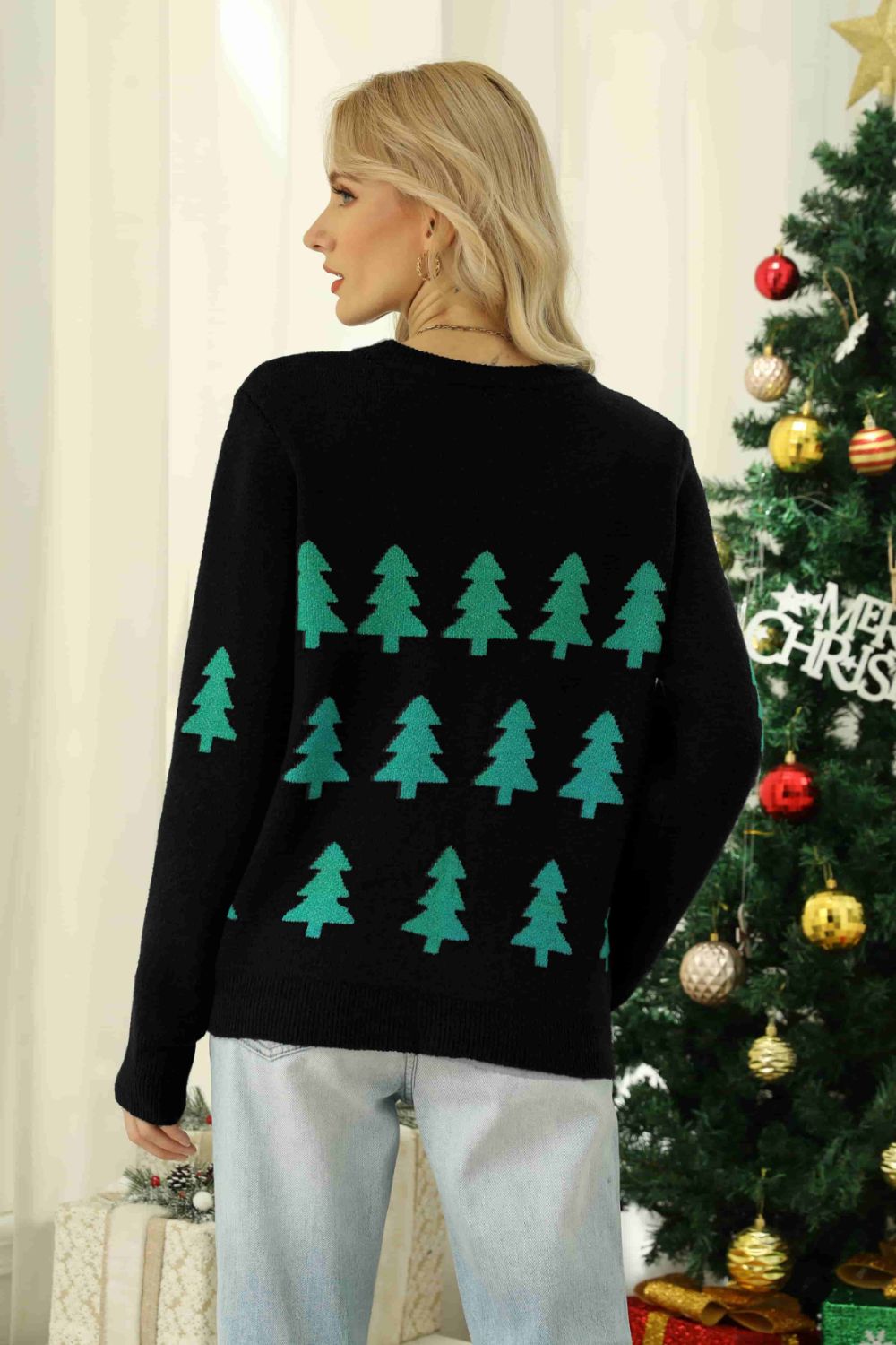 Christmas Tree Round Neck Ribbed Trim Sweater