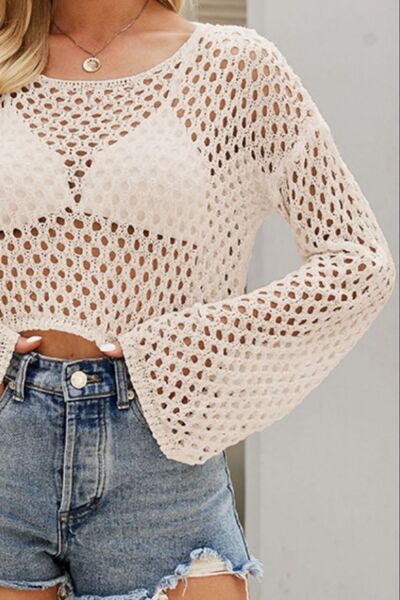 Openwork Round Neck Dropped Shoulder Knit Top