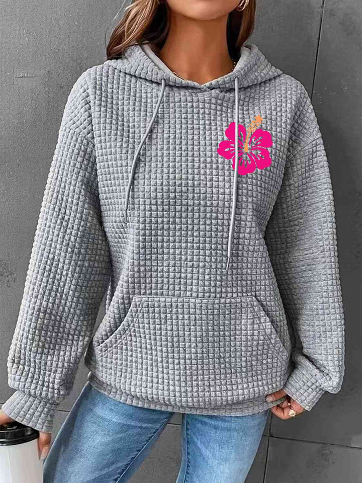 Full Size Flower Graphic Textured Hoodie with Pocket