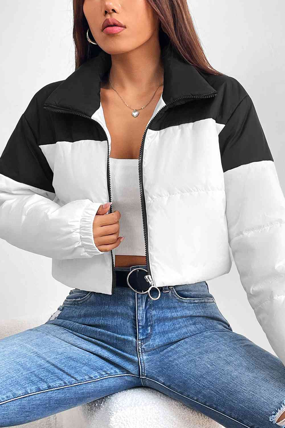 Collared Neck Color Block Puffer Jacket